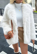 Fashionable Side Pockets Faux Fur Coat in White