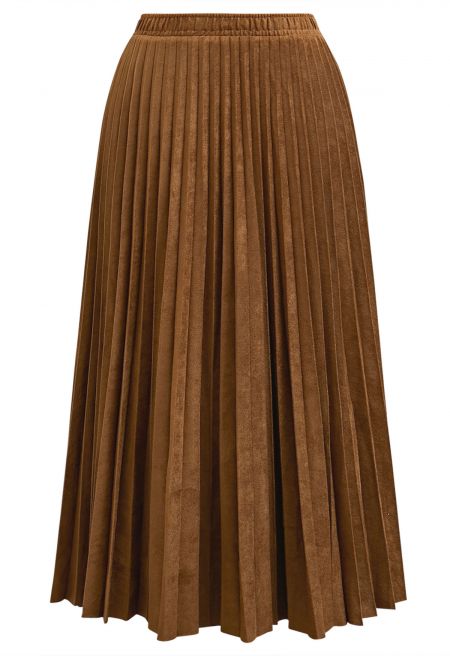 Retro-Inspired Suede Pleated Midi Skirt in Camel
