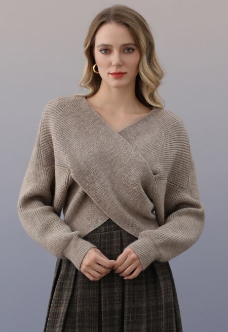 Crisscross Ribbed Knit Crop Sweater in Taupe