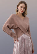 Crisscross Ribbed Knit Crop Sweater in Dusty Pink