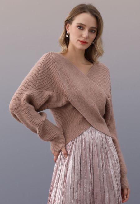 Crisscross Ribbed Knit Crop Sweater in Dusty Pink