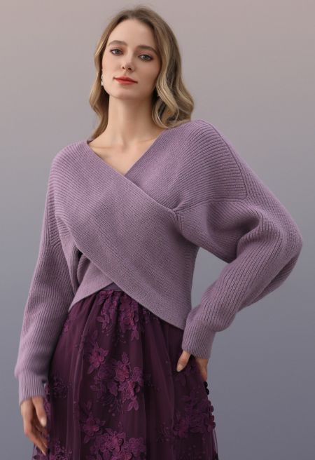 Crisscross Ribbed Knit Crop Sweater in Lilac