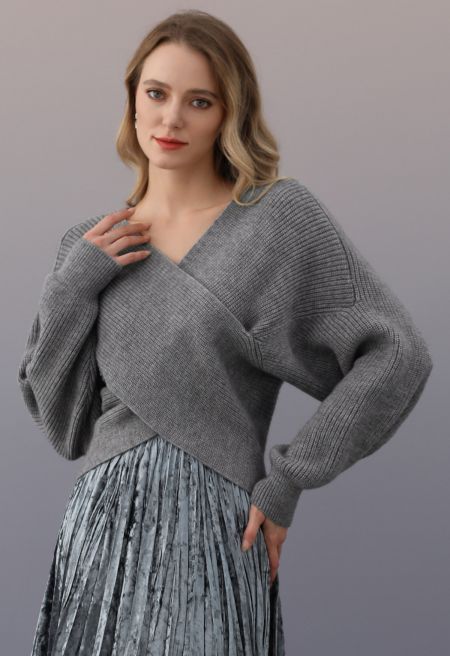 Crisscross Ribbed Knit Crop Sweater in Grey