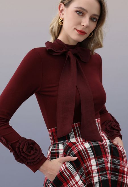 3D Ruffled Flower Trim Cuffs Tie-Bow Top in Burgundy