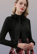 3D Ruffled Flower Trim Cuffs Tie-Bow Top in Black
