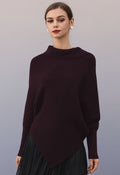 Folded Neck Batwing Sleeves Asymmetric Hem Knit Sweater in Plum
