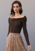 Folded Shoulder Twist Long Sleeve Top in Brown