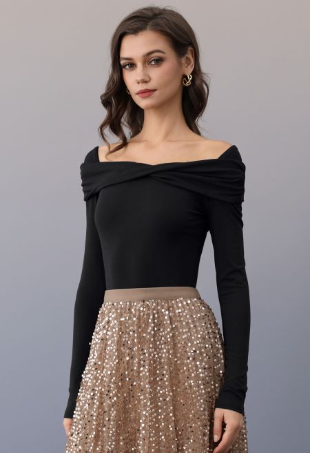 Folded Shoulder Twist Long Sleeve Top in Black