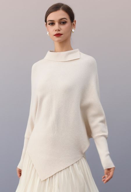 Folded Neck Batwing Sleeves Asymmetric Hem Knit Sweater in Cream