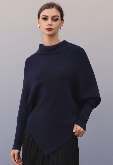 Folded Neck Batwing Sleeves Asymmetric Hem Knit Sweater in Navy