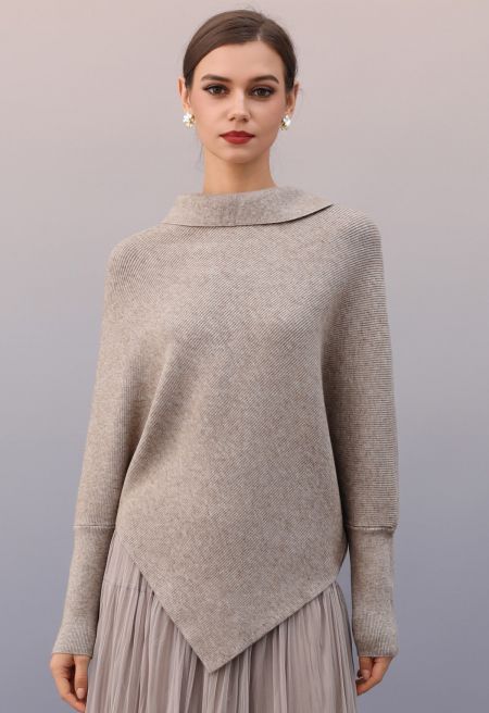 Folded Neck Batwing Sleeves Asymmetric Hem Knit Sweater in Taupe