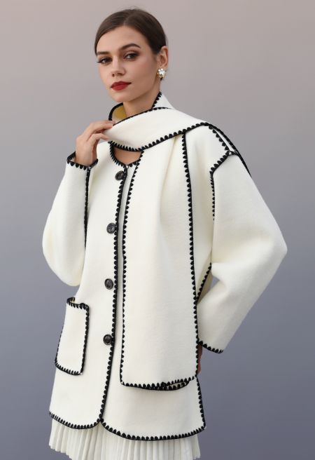 Contrast Whipstitch-Trimmed Buttoned Knit Coat with Scarf in Ivory