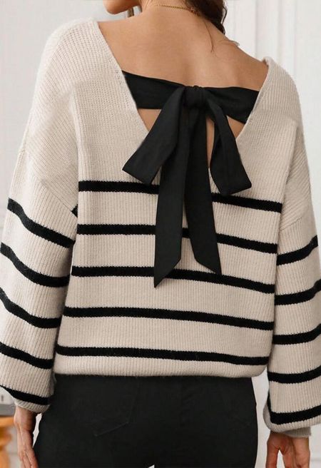 Contrast Striped Cutout Back Bow Knit Sweater