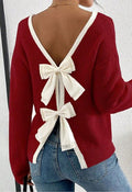 Contrast Double Bow Open Back Ribbed Knit Sweater in Red