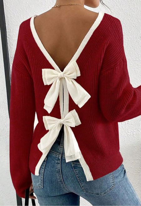 Contrast Double Bow Open Back Ribbed Knit Sweater in Red