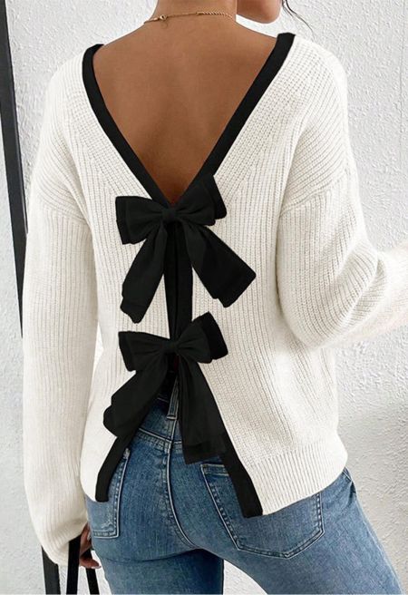 Contrast Double Bow Open Back Ribbed Knit Sweater in White