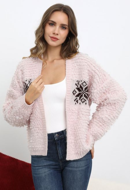 Nordic Snowflake Open Front Knit Cardigan in Light Pink