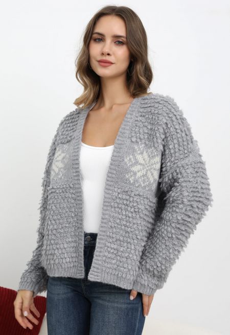 Nordic Snowflake Open Front Knit Cardigan in Grey