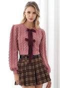 Bow Tie Front Cropped Cable Knit Cardigan