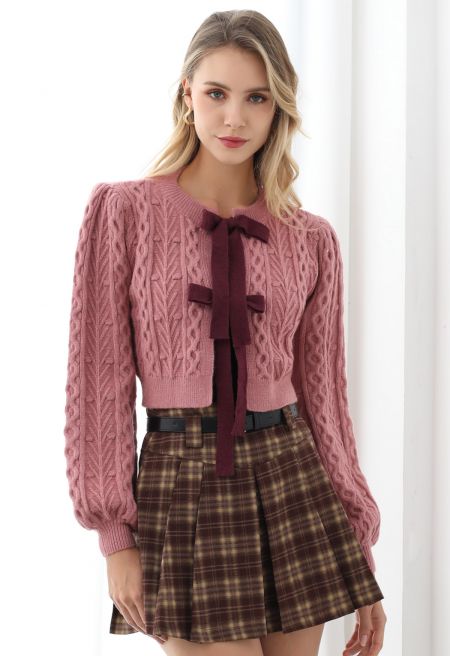 Bow Tie Front Cropped Cable Knit Cardigan