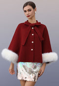 Faux Fur Cuffs Bow-Tie Button Knit Cape Coat in Red