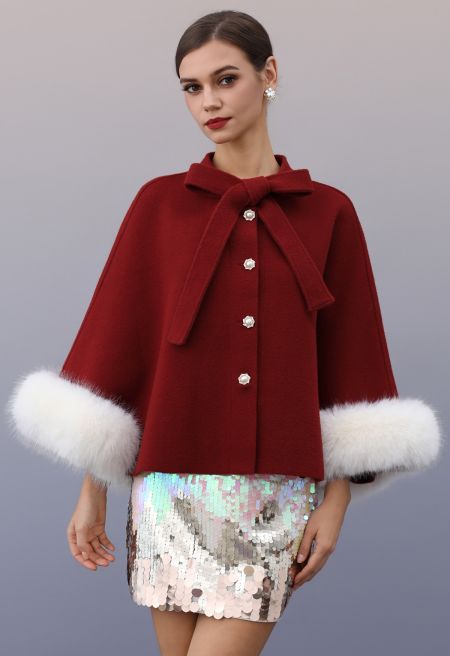 Faux Fur Cuffs Bow-Tie Button Knit Cape Coat in Red