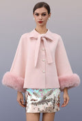 Faux Fur Cuffs Bow-Tie Button Knit Cape Coat in Pink