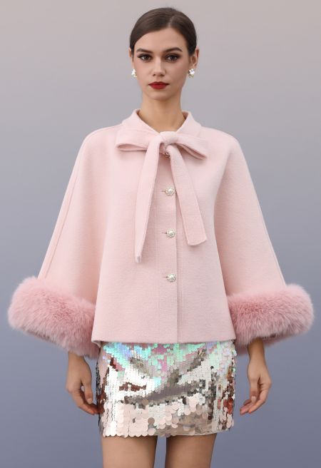 Faux Fur Cuffs Bow-Tie Button Knit Cape Coat in Pink