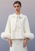 Faux Fur Cuffs Bow-Tie Button Knit Cape Coat in White