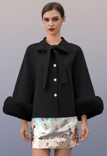 Faux Fur Cuffs Bow-Tie Button Knit Cape Coat in Black