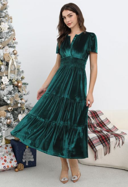 Poised Femininity Notch Neck Velvet Maxi Dress in Green