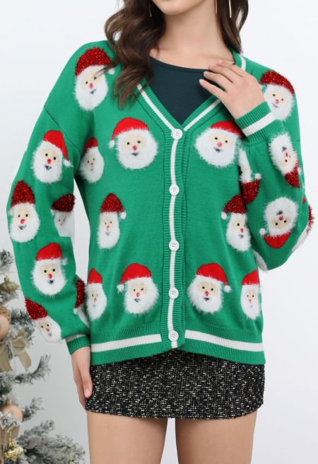 Fuzzy Santa Claus Buttoned Knit Cardigan in Green