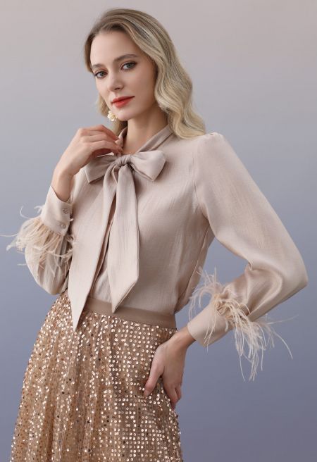 Tie-Bow Feather Cuffs Buttoned Shirt in Blush Pink
