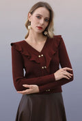 Shimmer Thread Floral Button Ruffle Knit Top in Burgundy