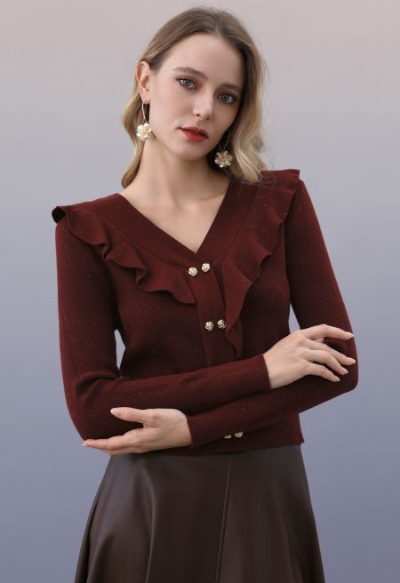 Shimmer Thread Floral Button Ruffle Knit Top in Burgundy