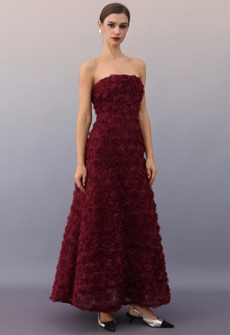 3D Rose Petal Strapless Mesh Maxi Dress