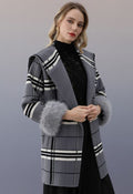 Cape Overlay Faux Fur Cuff Plaid Knit Coat in Smoke