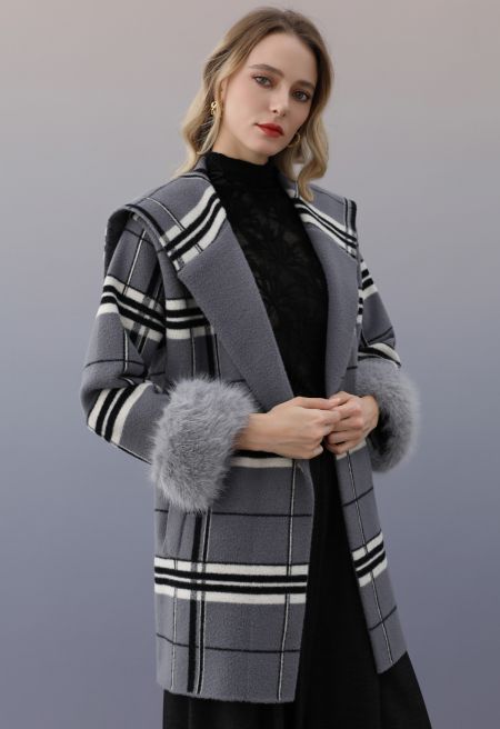 Cape Overlay Faux Fur Cuff Plaid Knit Coat in Smoke