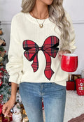 Snuggly Sweet Tartan Bow Knit Sweater in White