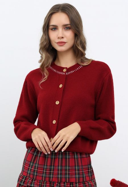 Contrast Stitch Trimmed Button Knit Cardigan in Red