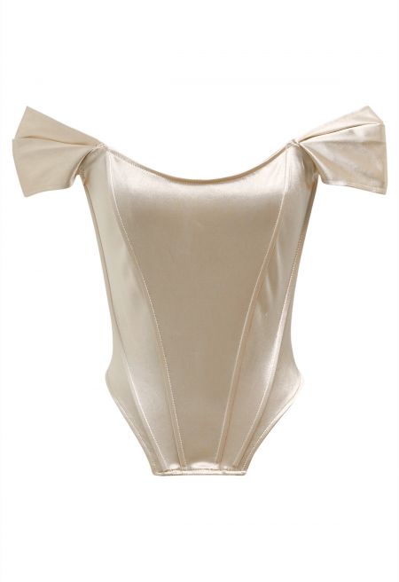 Off-Shoulder Sheen Satin Bustier Top in Apricot