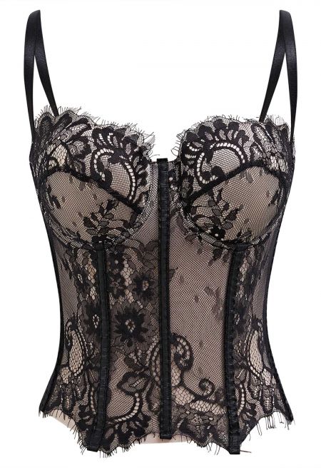 Floral Lace Corset Mesh Bra Top in Black