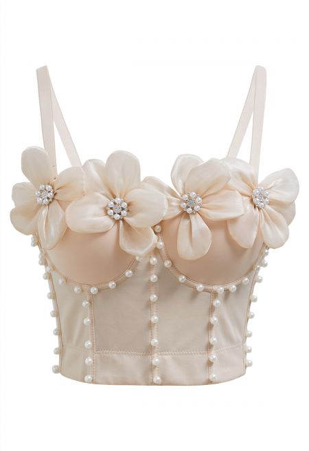 3D Organza Floral Pearl Decor Bra Top