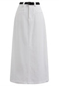 Functional Pocket Belted Denim Maxi Skirt in White