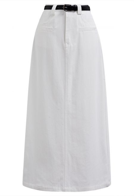 Functional Pocket Belted Denim Maxi Skirt in White