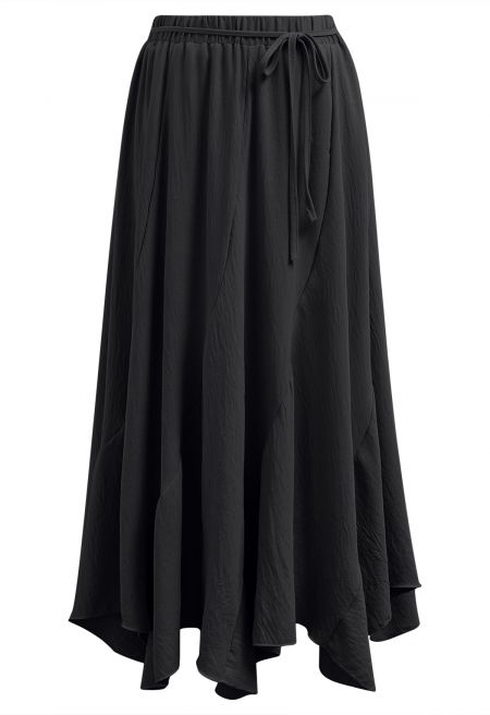 Tie-Waist Panel Asymmetric Midi Skirt in Black