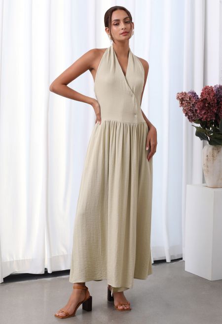 Wrap Front Buttoned Cover-Up Maxi Dress in Linen