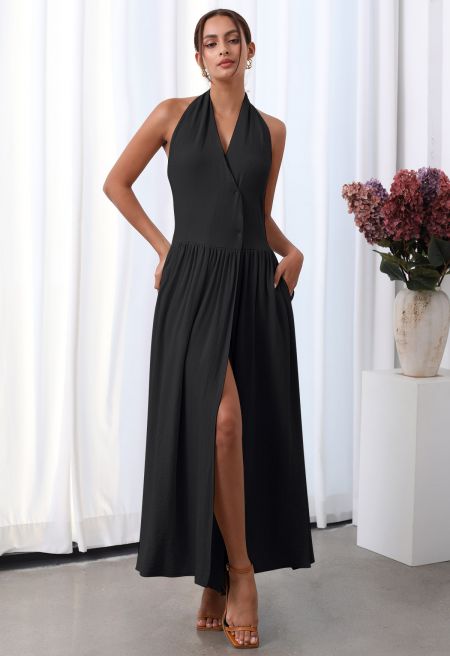 Wrap Front Buttoned Cover-Up Maxi Dress in Black