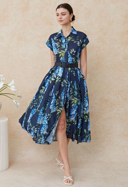 Wisteria Printed Button Down Belted Midi Dress