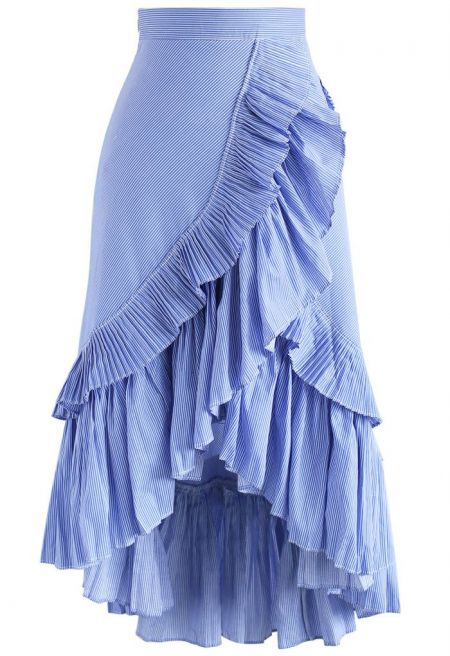 Applause of Ruffle Tiered Frill Hem Skirt in Blue Stripes